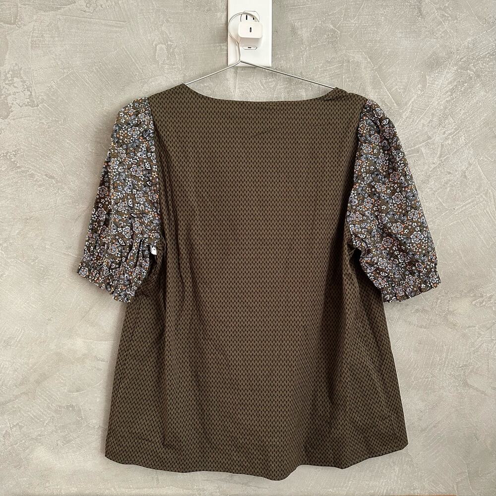 NWT H by Halston Mixed Media Floral Poplin Top Blouse in Green sz L - Picture 4 of 8